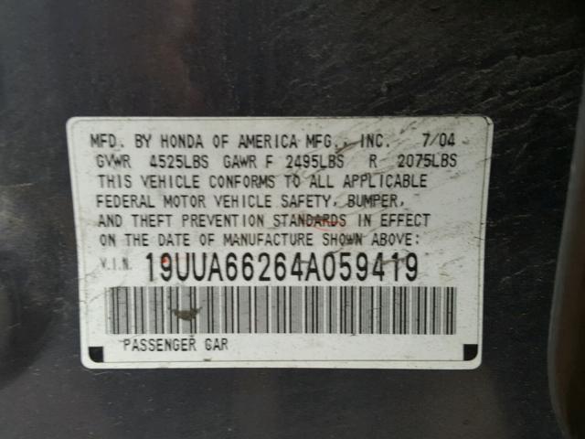 19UUA66264A059419 - 2004 ACURA TL GRAY photo 10