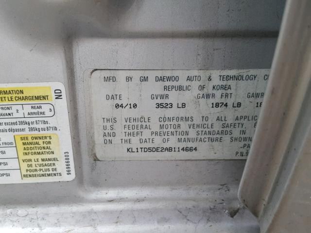 KL1TD5DE2AB114664 - 2010 CHEVROLET AVEO LS SILVER photo 10