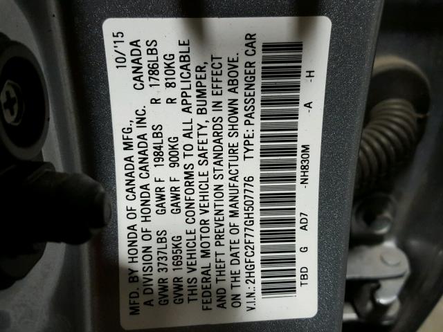 2HGFC2F77GH507776 - 2016 HONDA CIVIC EX ნაცრისფერი ფოტო 10