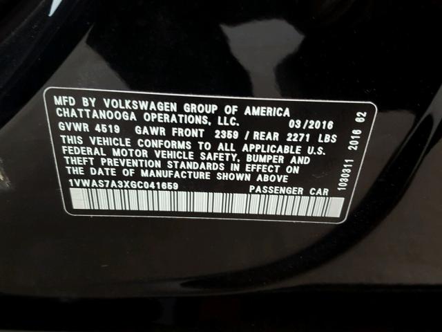 1VWAS7A3XGC041659 - 2016 VOLKSWAGEN PASSAT S შავი ფოტო 10