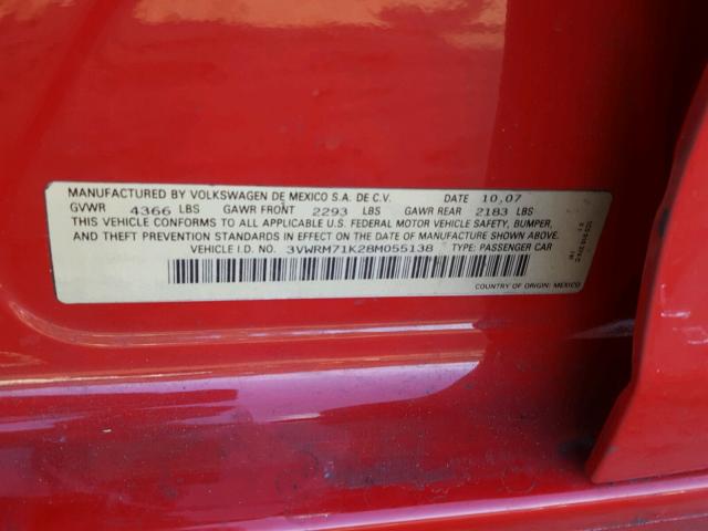 3VWRM71K28M055138 - 2008 VOLKSWAGEN JETTA SE RED photo 10