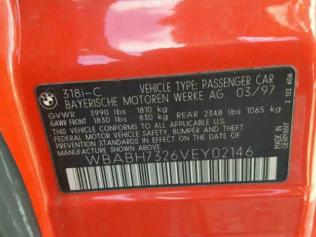 WBABH7326VEY02146 - 1997 BMW 318 IC RED photo 10