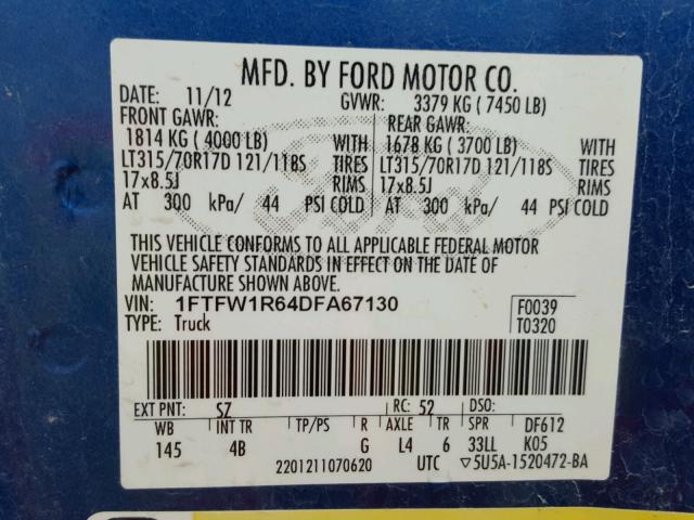 1FTFW1R64DFA67130 - 2013 FORD F150 SVT R BLUE photo 10