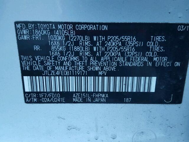 JTLZE4FE0B1119171 - 2011 TOYOTA SCION XB 银色 照片 10