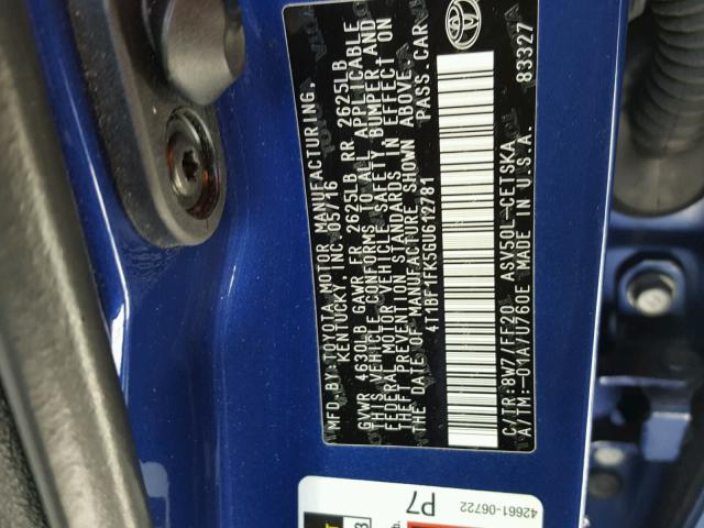 4T1BF1FK5GU612781 - 2016 TOYOTA CAMRY LE BLUE photo 10