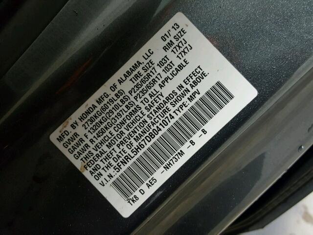 5FNRL5H67DB041074 - 2013 HONDA ODYSSEY EX GRAY photo 10