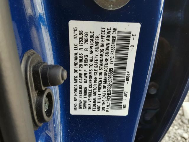 19XFB2F53FE096595 - 2015 HONDA CIVIC LX BLUE photo 10