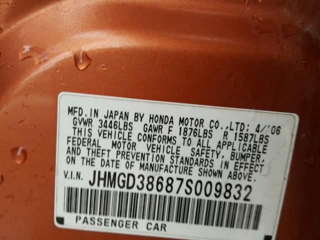 JHMGD38687S009832 - 2007 HONDA FIT S ნარინჯისფერი ფოტო 10