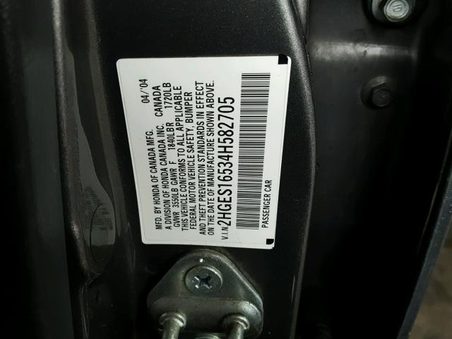 2HGES16534H582705 - 2004 HONDA CIVIC LX GRAY photo 10