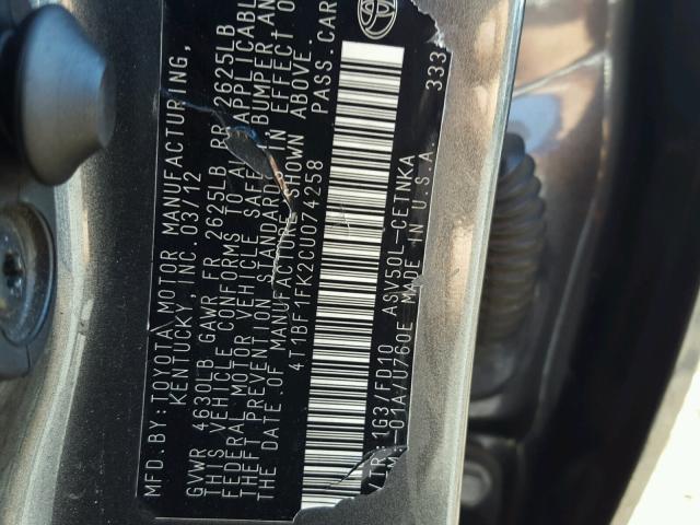4T1BF1FK2CU074258 - 2012 TOYOTA CAMRY BASE CHARCOAL photo 10