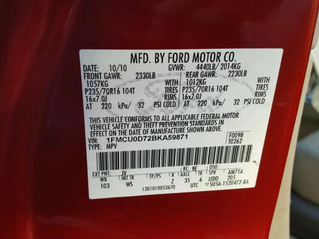 1FMCU0D72BKA59871 - 2011 FORD ESCAPE XLT RED photo 10