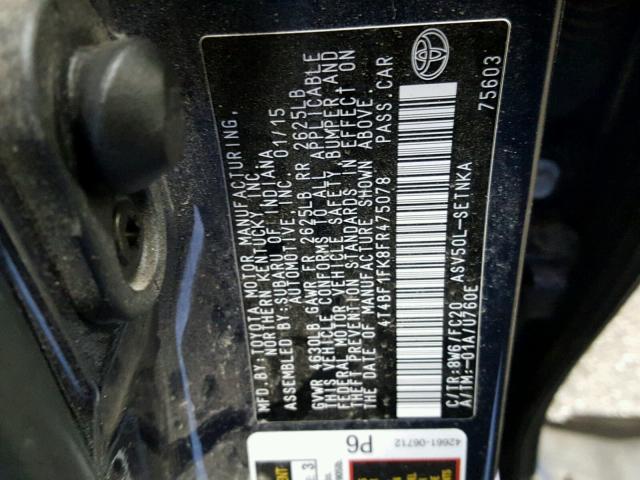 4T4BF1FK8FR475078 - 2015 TOYOTA CAMRY LE BLUE photo 10