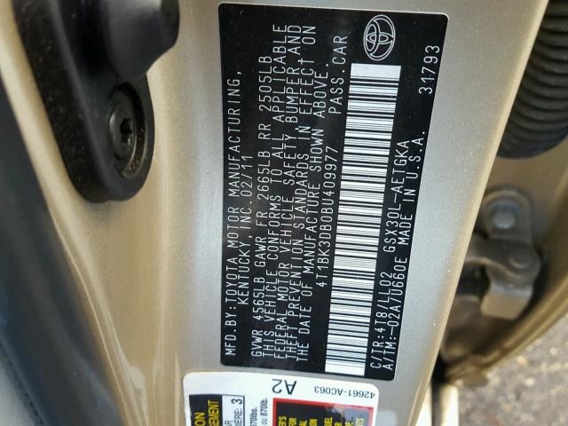 4T1BK3DB0BU409977 - 2011 TOYOTA AVALON BAS GOLD photo 10