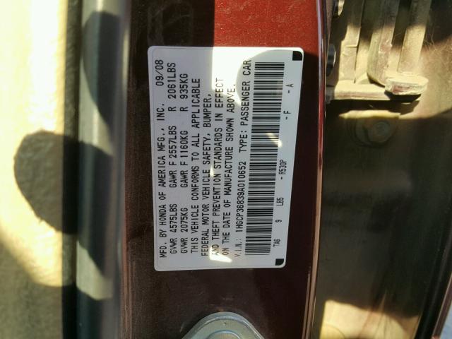 1HGCP36839A010652 - 2009 HONDA ACCORD EXL MAROON photo 10