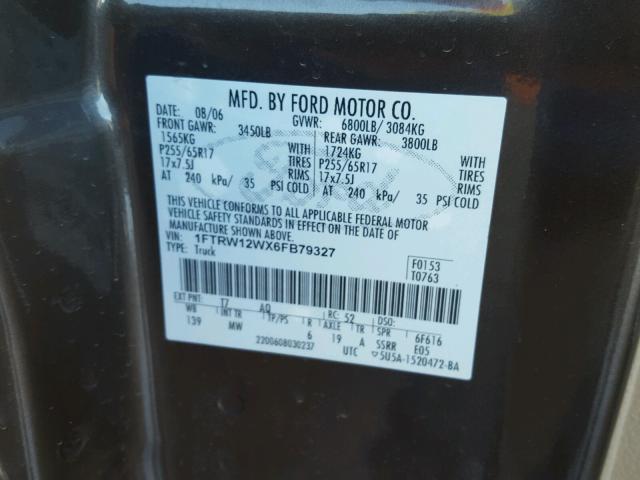 1FTRW12WX6FB79327 - 2006 FORD F150 SUPER GRAY photo 10