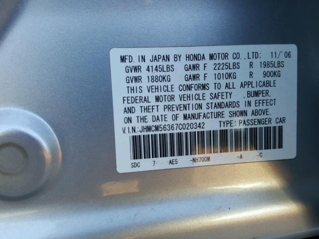 JHMCM56367C020342 - 2007 HONDA ACCORD SE SILVER photo 10