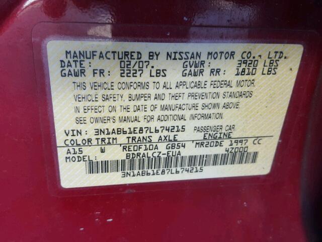 3N1AB61E87L674215 - 2007 NISSAN SENTRA 2.0 MAROON photo 10