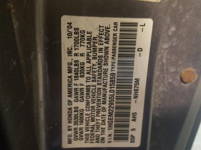 1HGEM22955L015859 - 2005 HONDA CIVIC EX GRAY photo 10