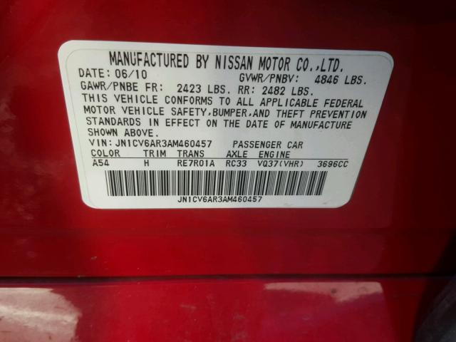 JN1CV6AR3AM460457 - 2010 INFINITI G37 RED photo 10