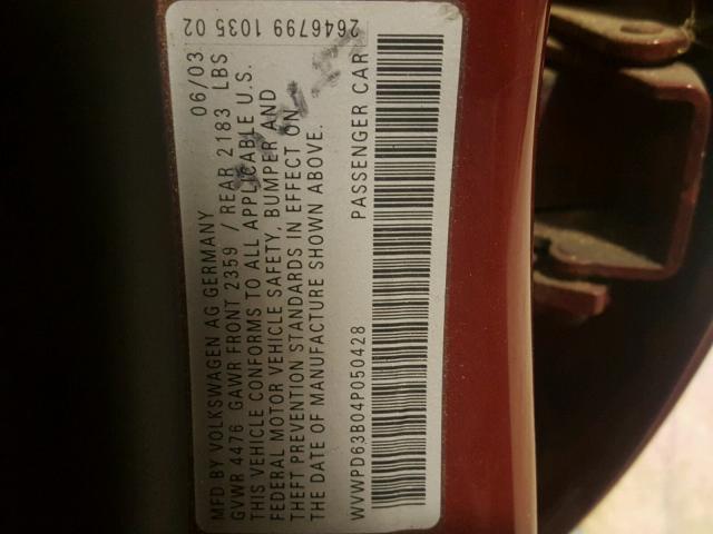 WVWPD63B04P050428 - 2004 VOLKSWAGEN PASSAT GLS RED photo 10