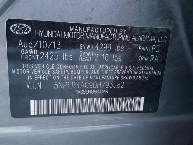 5NPEB4AC9DH793582 - 2013 HYUNDAI SONATA GLS GRAY photo 10