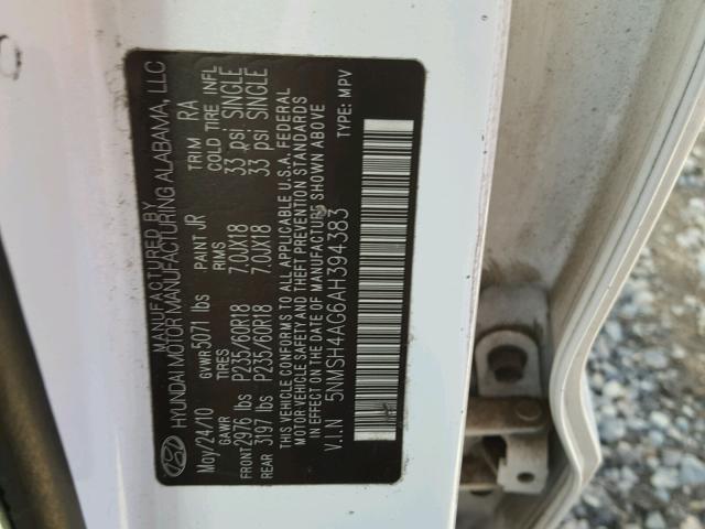 5NMSH4AG6AH394383 - 2010 HYUNDAI SANTA FE S WHITE photo 10