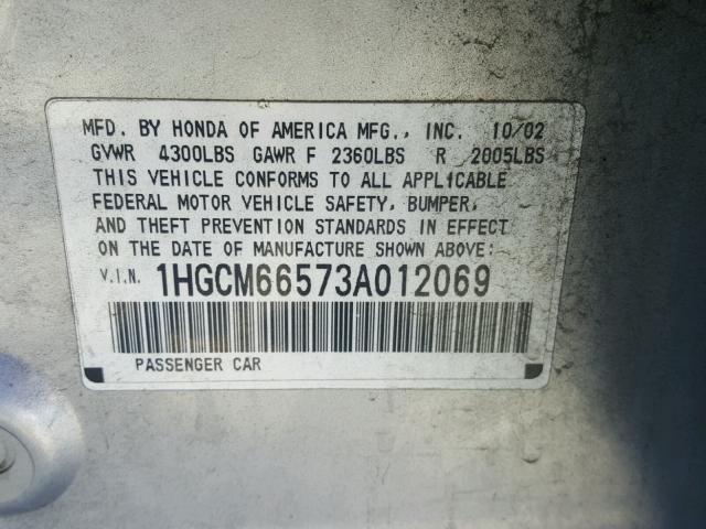 1HGCM66573A012069 - 2003 HONDA ACCORD EX SILVER photo 10