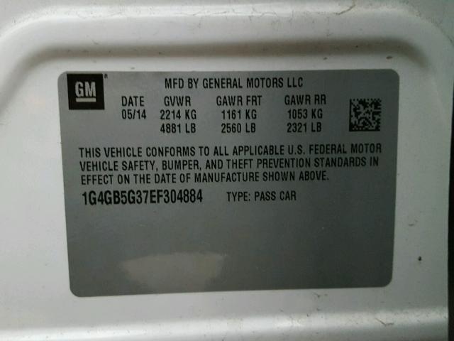 1G4GB5G37EF304884 - 2014 BUICK LACROSSE WHITE photo 10