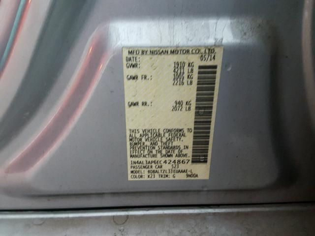 1N4AL3AP6EC424867 - 2014 NISSAN ALTIMA 2.5 SILVER photo 10