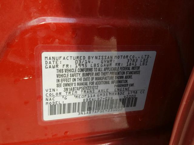 3N1AB7AP5EY231012 - 2014 NISSAN SENTRA S RED photo 10