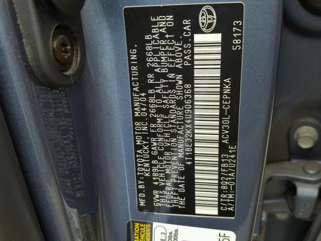 4T1BE32KX4U906368 - 2004 TOYOTA CAMRY LE BLUE photo 10