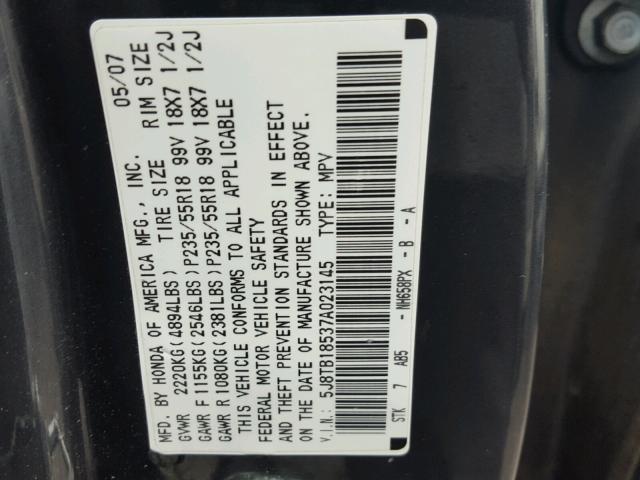 5J8TB18537A023145 - 2007 ACURA RDX TECHNO CHARCOAL photo 10