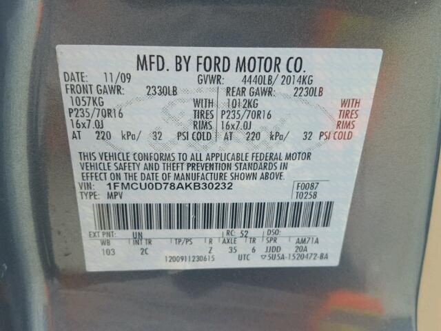 1FMCU0D78AKB30232 - 2010 FORD ESCAPE XLT TEAL photo 10