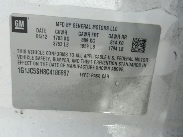 1G1JC5SH8C4186887 - 2012 CHEVROLET SONIC LT WHITE photo 10