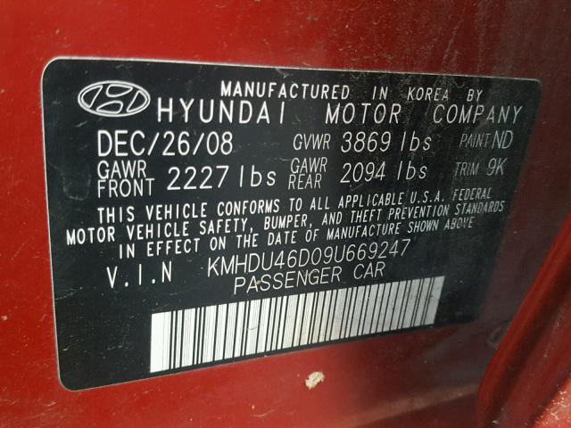 KMHDU46D09U669247 - 2009 HYUNDAI ELANTRA GL RED photo 10