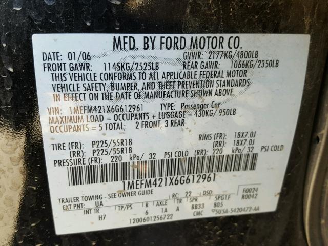 1MEFM421X6G612961 - 2006 MERCURY MONTEGO PR 黑色 照片 10