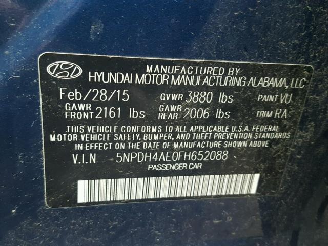 5NPDH4AE0FH652088 - 2015 HYUNDAI ELANTRA SE BLUE photo 10