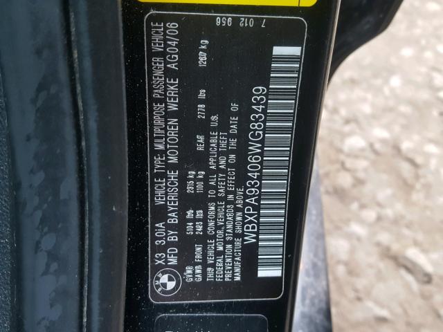 WBXPA93406WG83439 - 2006 BMW X3 3.0I BLACK photo 10