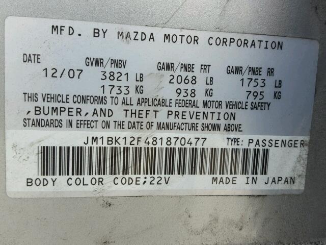 JM1BK12F481870477 - 2008 MAZDA 3 I SILVER photo 10