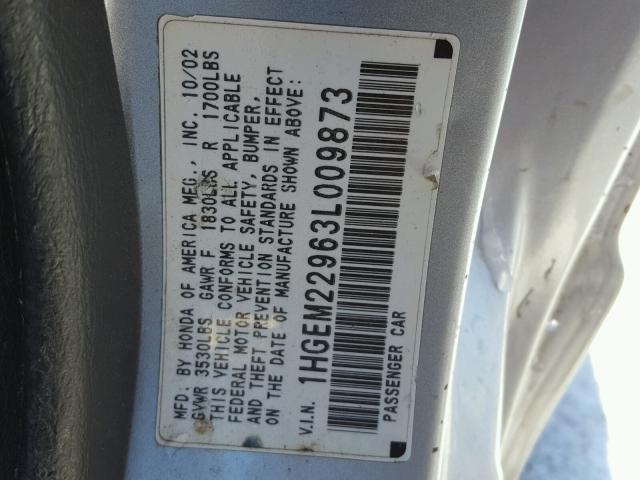 1HGEM22963L009873 - 2003 HONDA CIVIC EX ვერცხლისფერი ფოტო 10