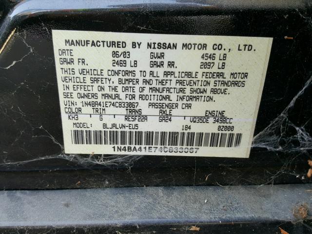 1N4BA41E74C833067 - 2004 NISSAN MAXIMA SE BLACK photo 10