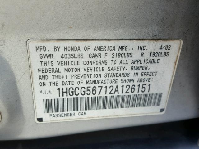 1HGCG56712A126151 - 2002 HONDA ACCORD SE SILVER photo 10