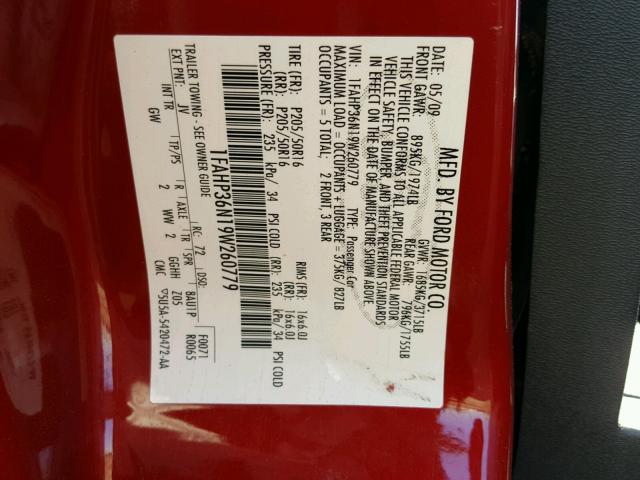 1FAHP36N19W260779 - 2009 FORD FOCUS SES RED photo 10