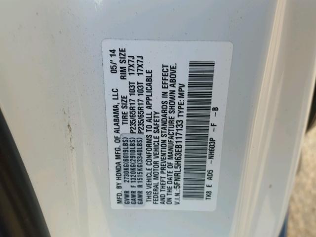 5FNRL5H63EB117133 - 2014 HONDA ODYSSEY EX WHITE photo 10