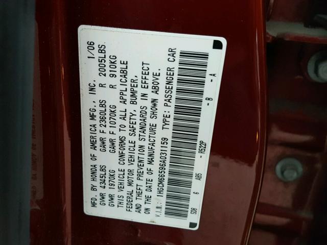 1HGCM66596A031159 - 2006 HONDA ACCORD EX RED photo 10