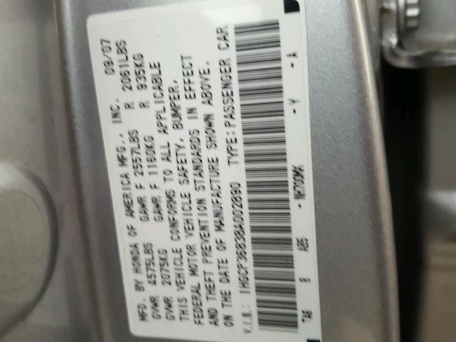 1HGCP36838A002890 - 2008 HONDA ACCORD EXL SILVER photo 10