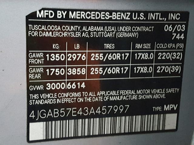 4JGAB57E43A457997 - 2003 MERCEDES-BENZ ML 350 SILVER photo 10