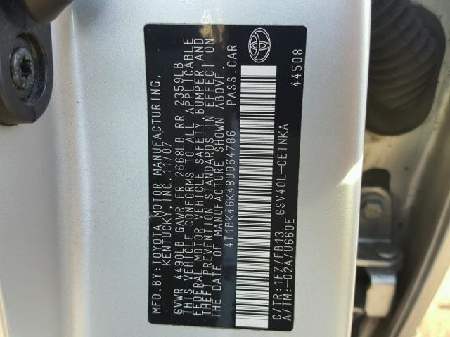 4T1BK46K48U064786 - 2008 TOYOTA CAMRY LE 银色 照片 10