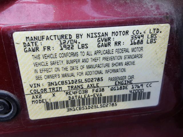 3N1CB51D25L502785 - 2005 NISSAN SENTRA 1.8 RED photo 10