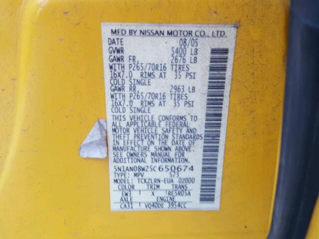 5N1AN08W25C650674 - 2005 NISSAN XTERRA OFF YELLOW photo 10